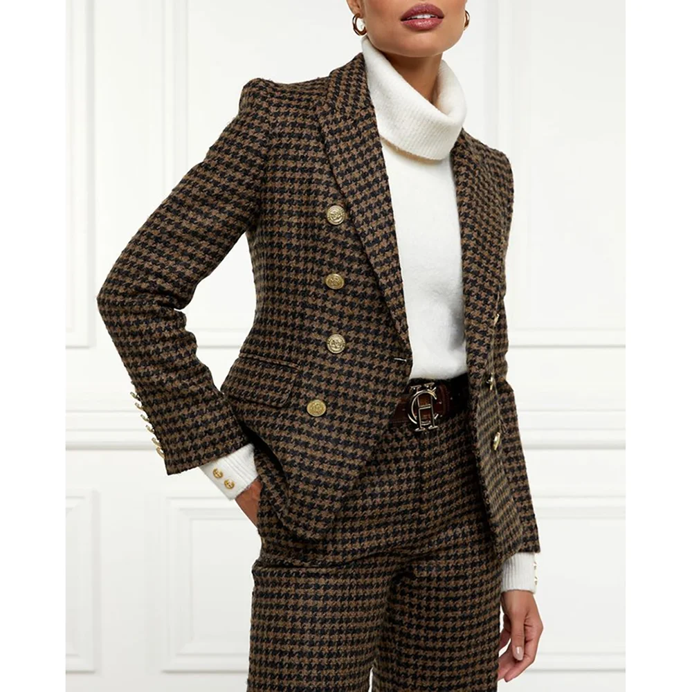 Double Breasted Houndstooth Noble Lady Blazer Sets High-quality Pants Suits Custom Made Clothing