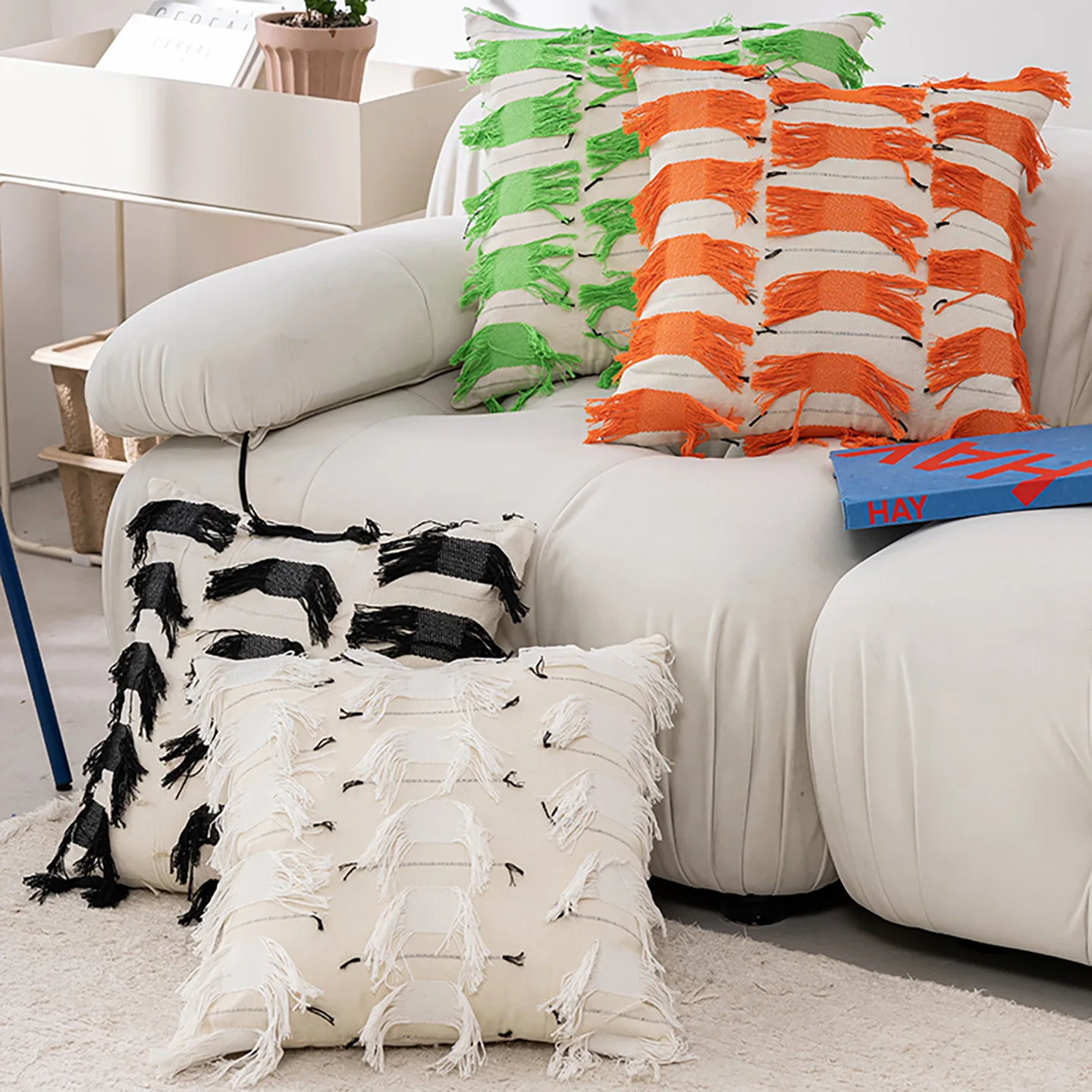 

Bohemian Fringe Throw Pillow Covers Handmade Colorful Fringed Pillowcases for Sofa Bed 45x45cm Cotton Canvas Cushion Covers