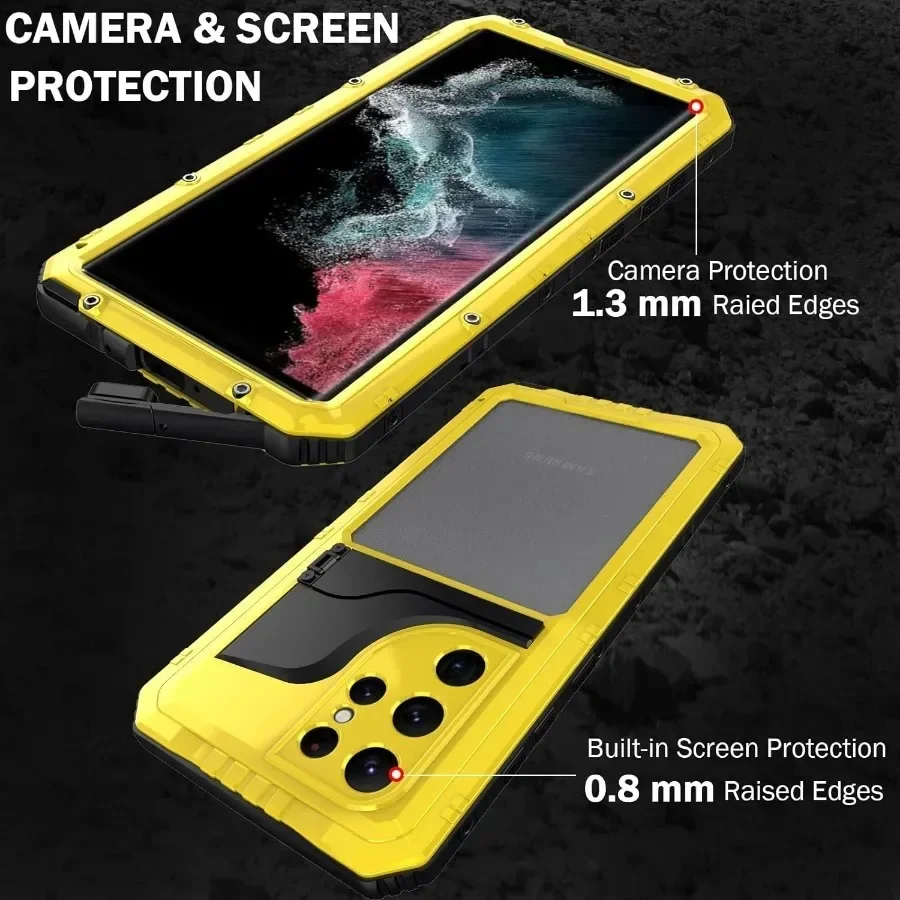 For Galaxy S23 Ultra S22 Plus IP68 Aluminum Metal Waterproof Case Underwater Diving Heavy Duty Shockproof Cover Screen Protector