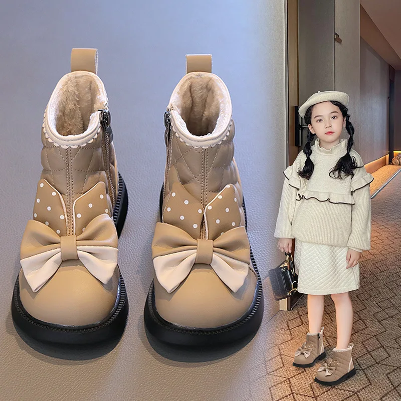 2024 Korean Spring and Autumn New Cute Girls\' Short Boots Children\'s Polka Dot Printing Bow Princess Boots Kids Fashion Shoes