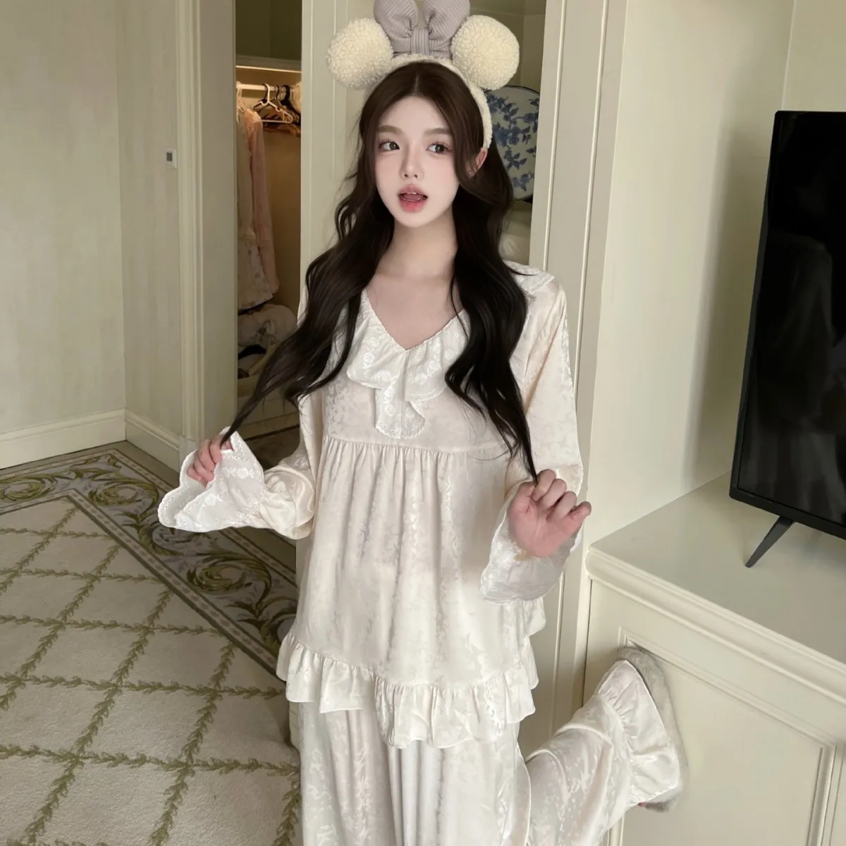 Women's Long Sleeve Loose Doll Collar Pullover Pants Sleepwear Loungewear Girl Fashion Pajamas Homewear