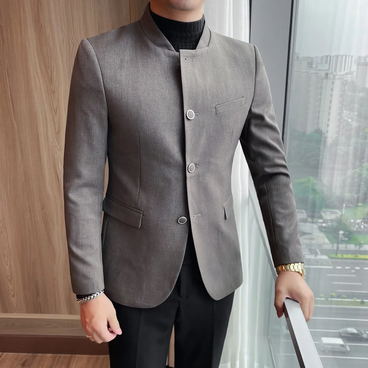 

Chinese Style Stand Collar Blazer Hombre Simple All Match Single Breasted Mens Casual Blazers Jackets and Coats Business Formal