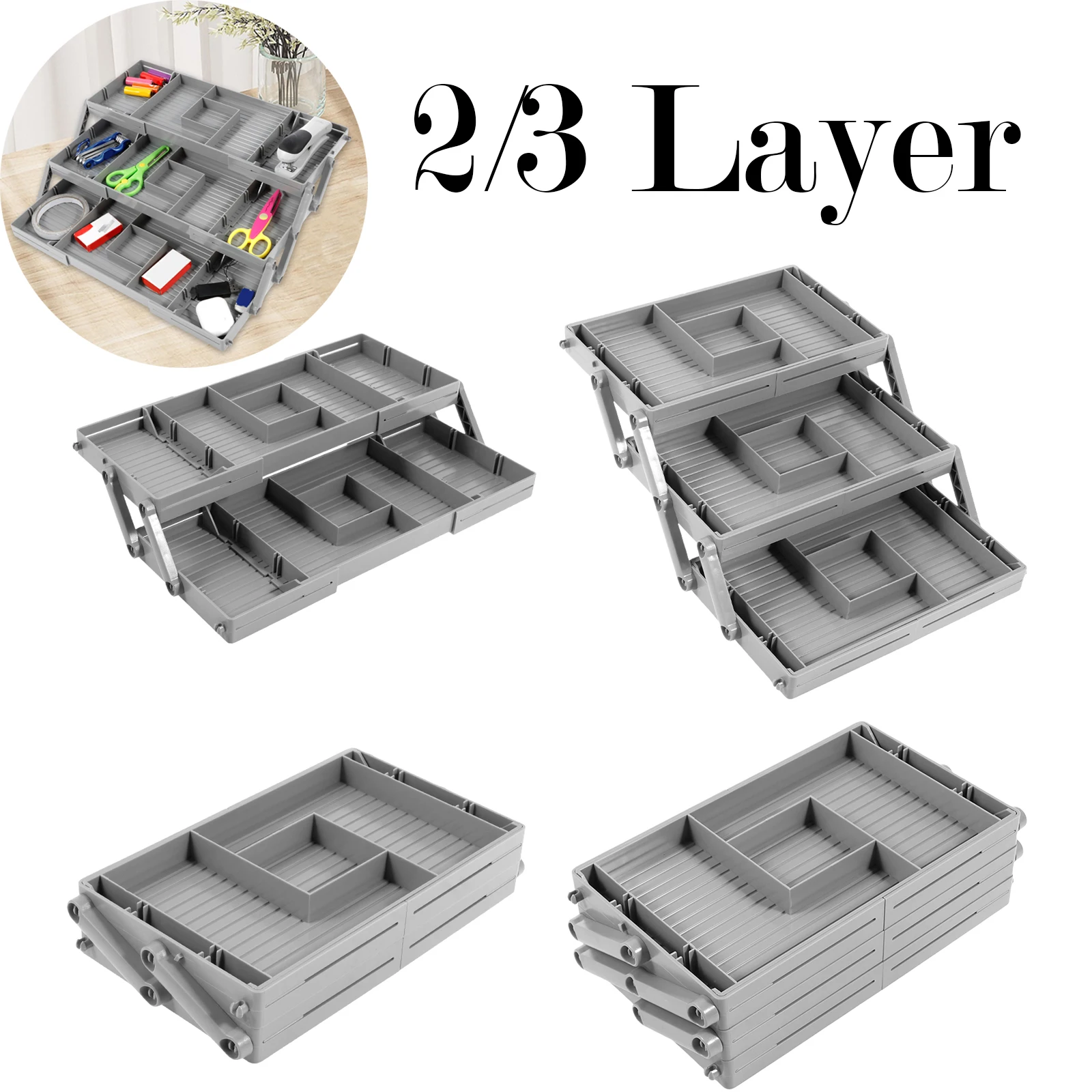 Expandable Drawer Organizer Plastic Collapsible Multi Level Drawer Organizer Tray 2/3 Tier for Office Supplies Kitchen Gadgets