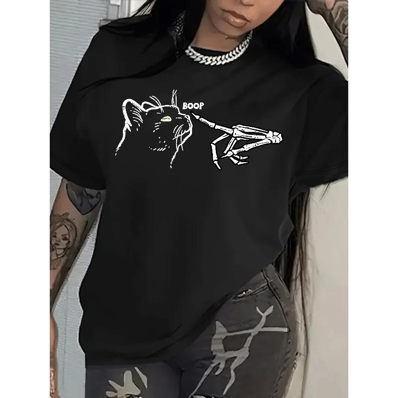 

Women's Cat and Skull Hand Pattern T-shirt Short Sleeved Casual Round Neck Fashionable Women Top Cotton Trendy Harajuku T-shirt