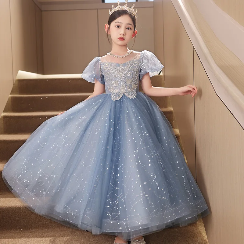 2024 Sequin Blue Girls Princess Dress Puff Sleeves Beading O-Neck Evening Dresses for Children Kids luxury Performance Clothing