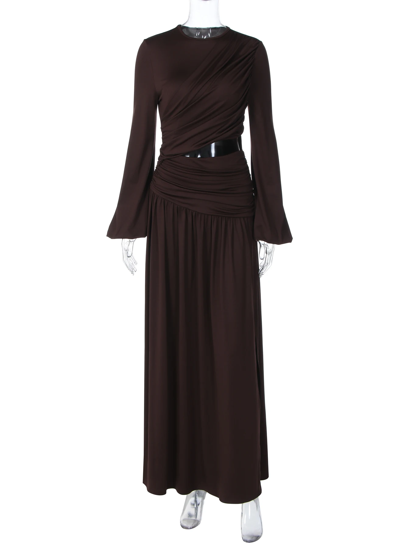 Dulzura O-Neck Long Flare Sleeve Cut Out Ruched Side Slit Pleated Long Dress Women'S Sexy Elegant Dress Party Club Autumn Outfit