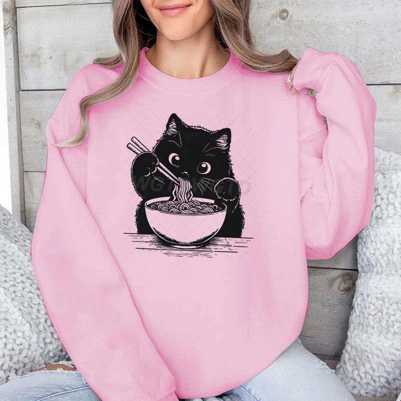 Cat Lover Kawaii Cartoon Sweatshirt Cat Eating Ramen Print Women Fashion Casual Hoodies Japanese Noodle Cats Retro Women Sweater