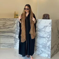 Türkiye Muslim Women's Dress Fashion Elegant Black Cardigan Leopard Mosaic Robe Free Headband