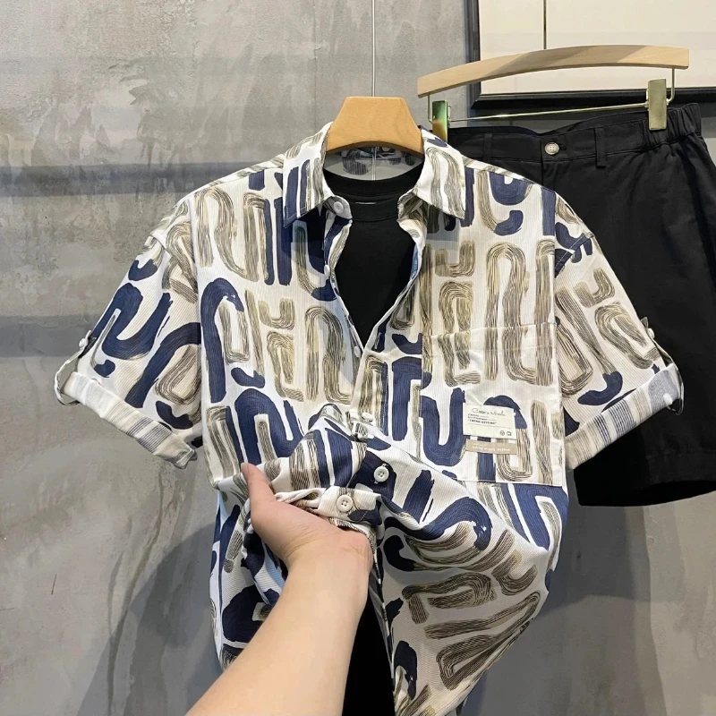 

Men's Trend Youth All-match Print Letter Blouse Summer Y2K Short Sleeve Loose Plus Size Shirt Tops Casual Fashion Men Clothing