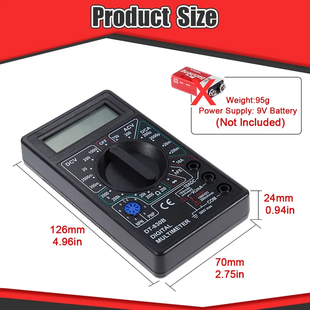 Mini Handheld Digital Multimeter, DT830B LCD Digital Multimeter AC DC Voltage Gauge with 750/1000V High Safety Voltmeter Ammeter