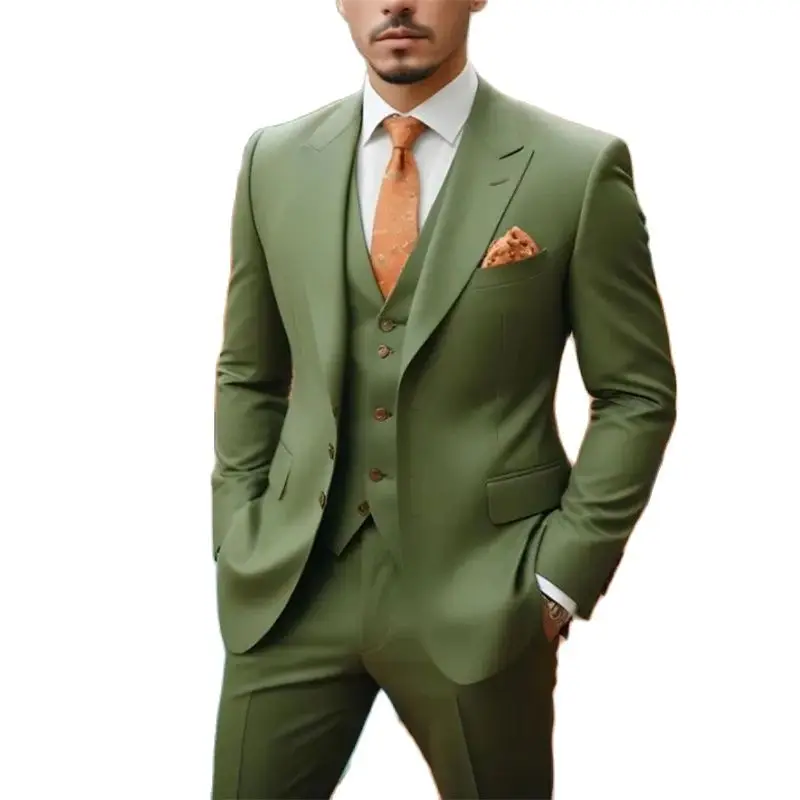 Elegant Green Men Suits Bespoke Single Breasted Peak Lapel Solid Color 3 Piece Jacket Pants Formal Wedding Blazer Clothing 2024