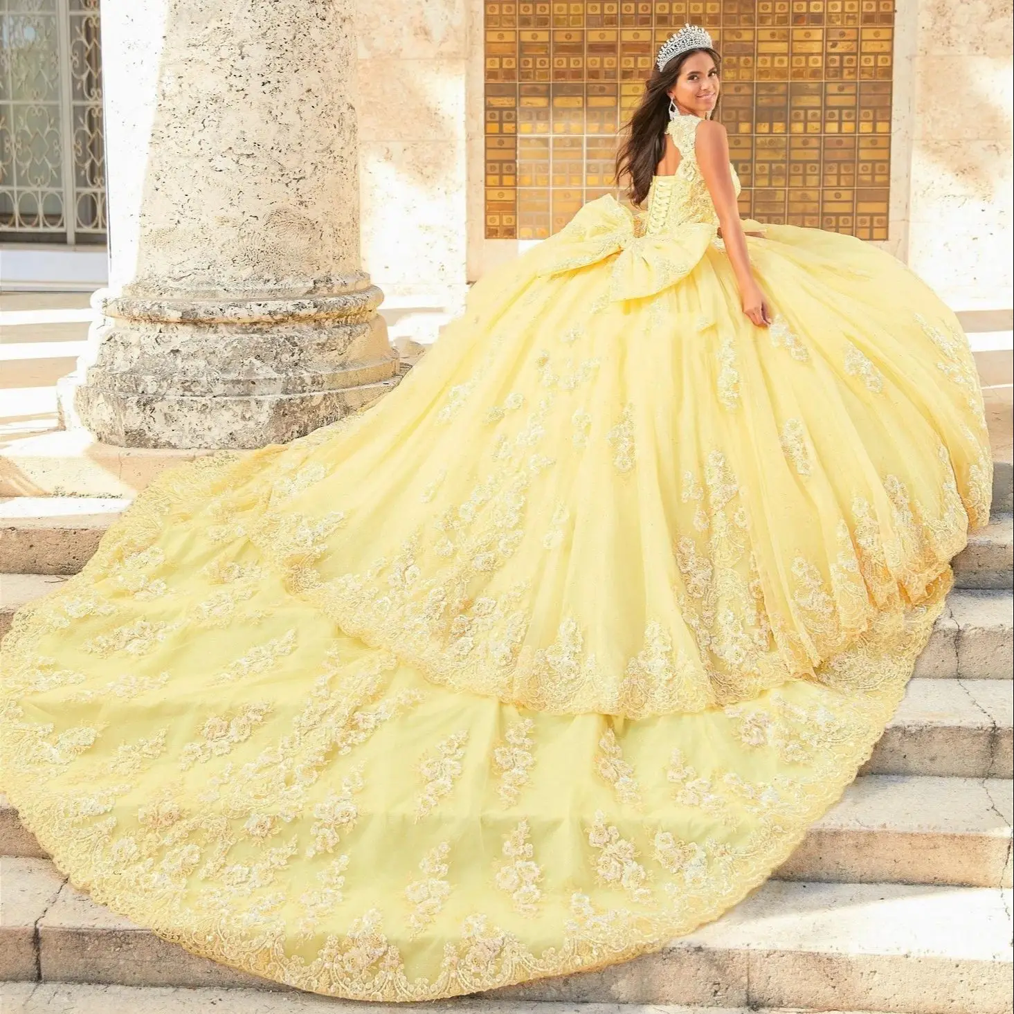 Yellow Puffy Quinceanera Dresses Ball Gown Scoop Tulle Appliques Bow Mexican Sweet 16 Dresses 15 Anos