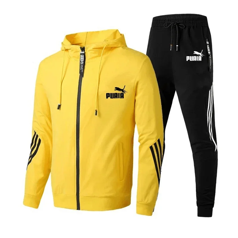 Fashion Tracksuit Men Suit Autumn New Zipper Cardigan Jacket+Sweatpants Stripe Running Fitness Basketball Jogging 2 Piece Set