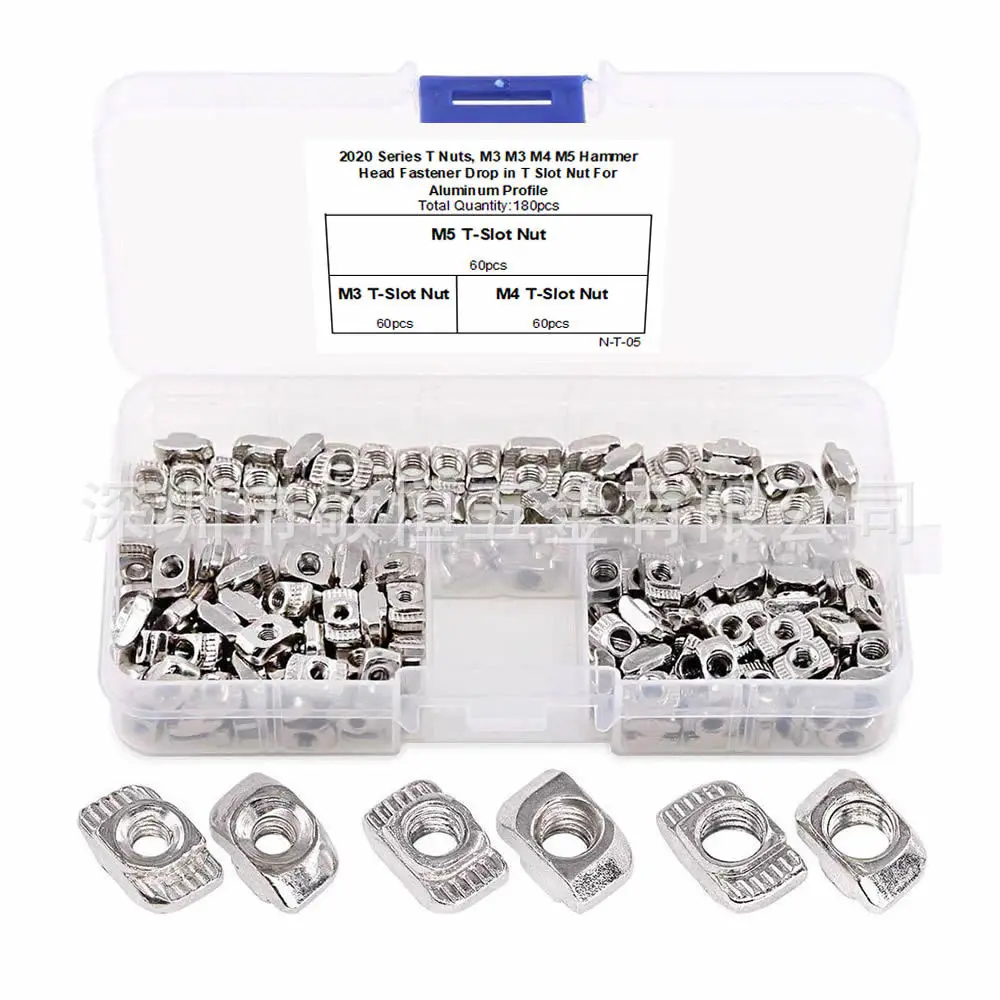 

180pcs/set M3 M4 M5 2020 Series Aluminum Profile Connector T-nut T Nuts Set Nickel Plated Hammer Head Nut Tools Kit for T-slot