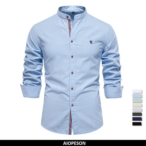 AIOPESON, camisa Social 100% de algodón para hombre, camisa de marca de alta calidad de manga larga de Color sólido para hombre, camisas informales con soporte de primavera para hombre