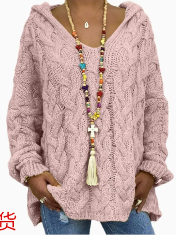 New Autumn And Winter Sweater Solid Color Twist Knitted Hooded Pullover Women's Fashion Elegant White Casual Loose Sweaters