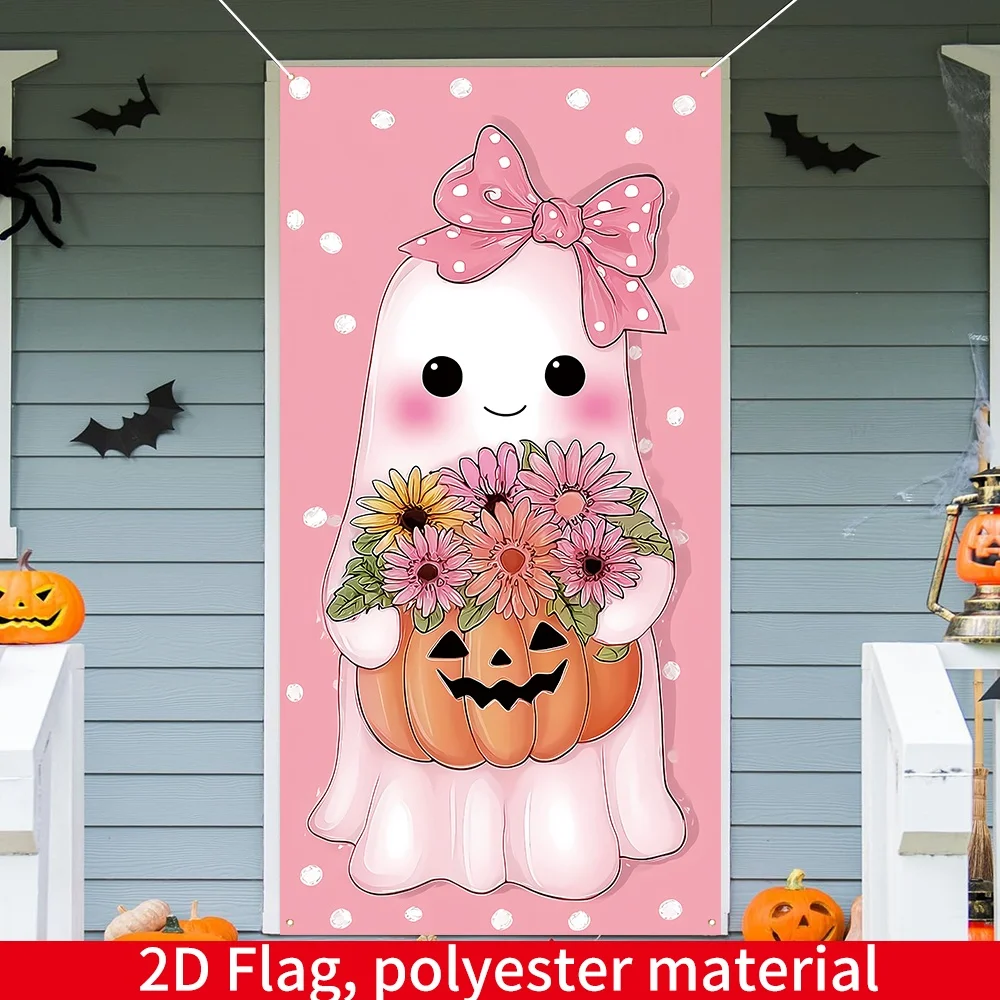 2D Flat 1pc Halloween Banner, Adorable Bow and Pumpkin Basket Design, No Electricity Required, for Front Door Seasonal Room Back