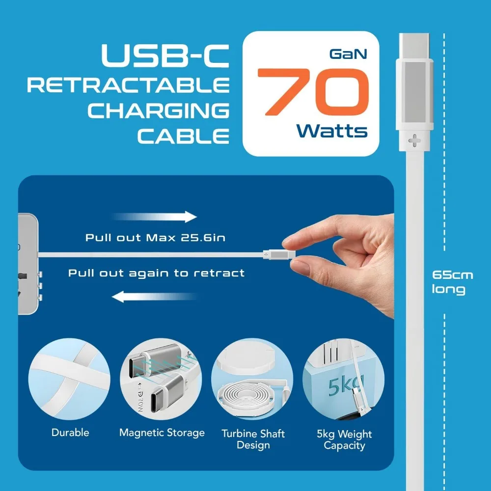 70W Global Travel Adapter with 65cm Retractable USB-C Cable, Dual USB-A Ports (One with QC 3.0), and 1 USB-C Port for 70W Power