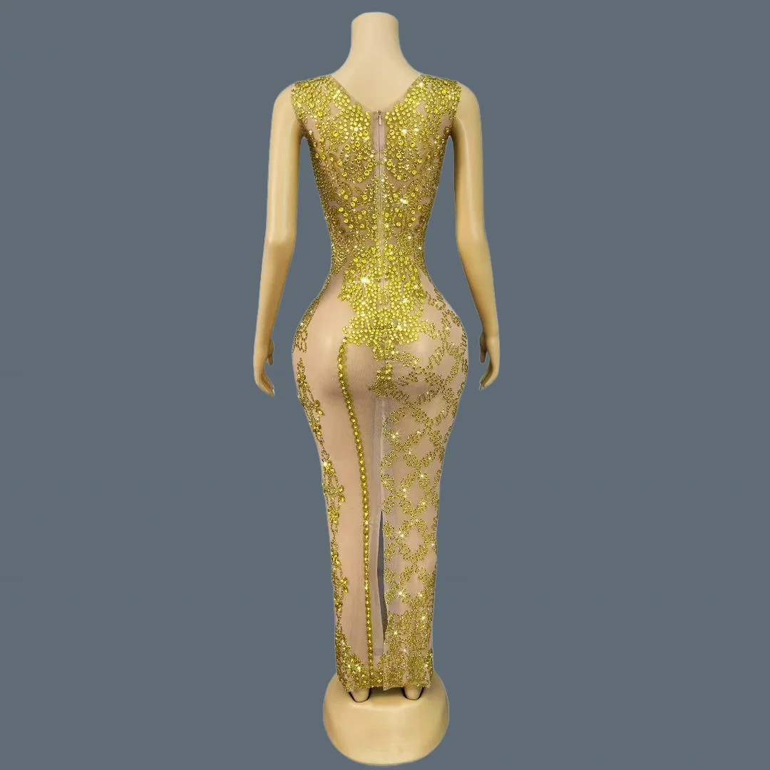 Black Tie Gala Party Luxury Evening Gown Birthday Prom Sparkly Crystals High-end Golden Long Dress See Through Mesh Outfit Dajin