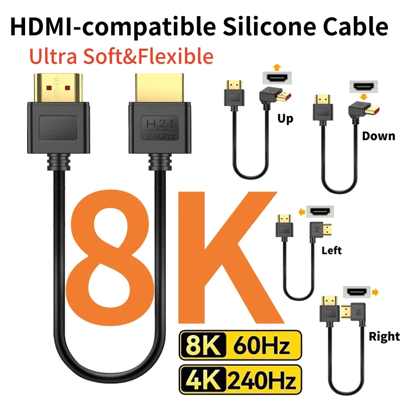 

90 Degree HDMI-compatible 2.1 Cable 48Gbps 8K 60Hz 4K 240Hz HDCP ARC HDR Compatible with Roku TV/PS5/HDTV/PC Gaming Monitor