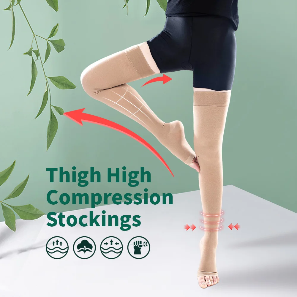 

Hh Open Toe Thigh High Medical Compression Stockings Varicose Veins Socks Compression Brace Wrap Shaping Women Men Beige Color
