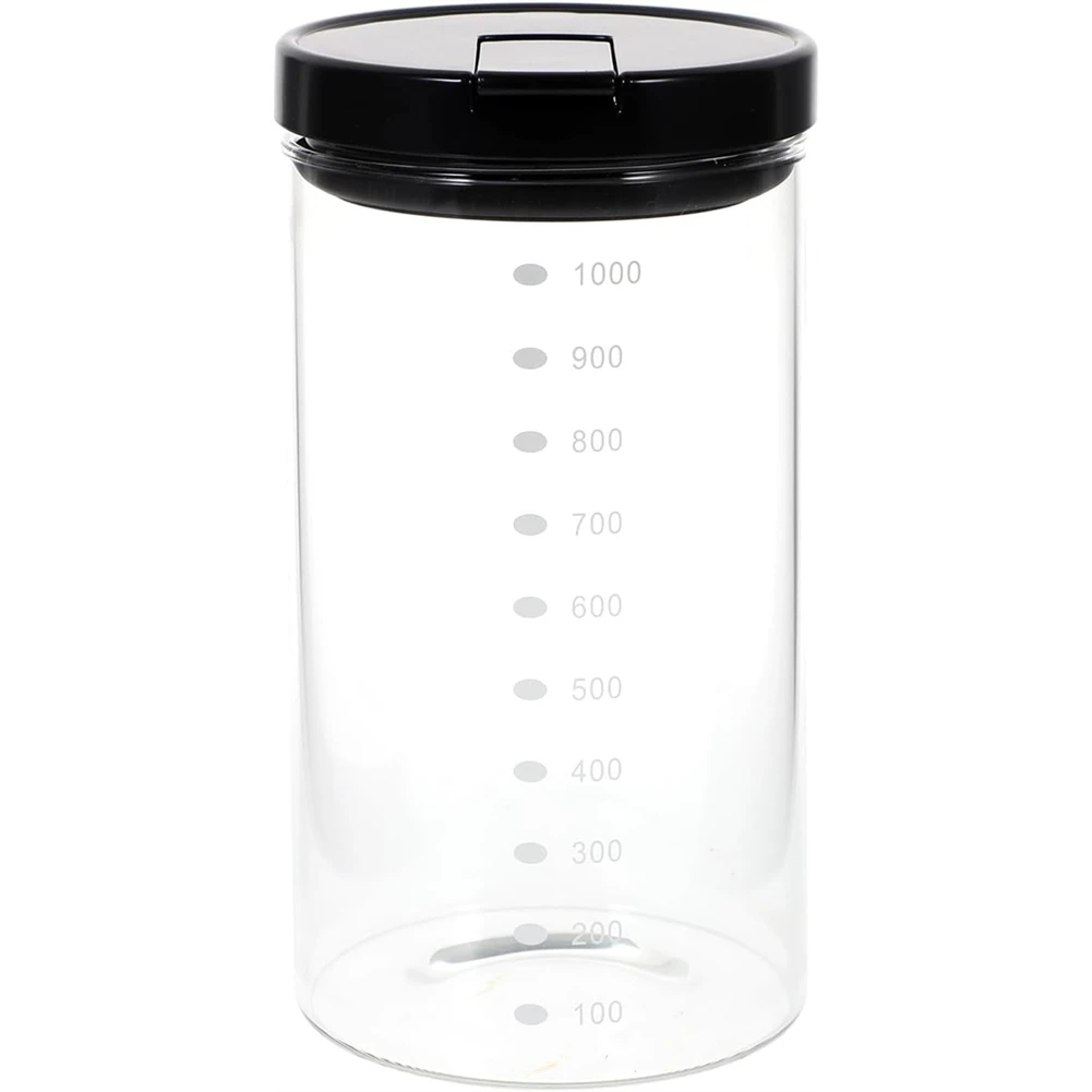 Glass Food Storage Jar 1000ml Airtight Glass Snack Container with Black Lid, Sealed Dry Food Canister for Kitchen Pantry