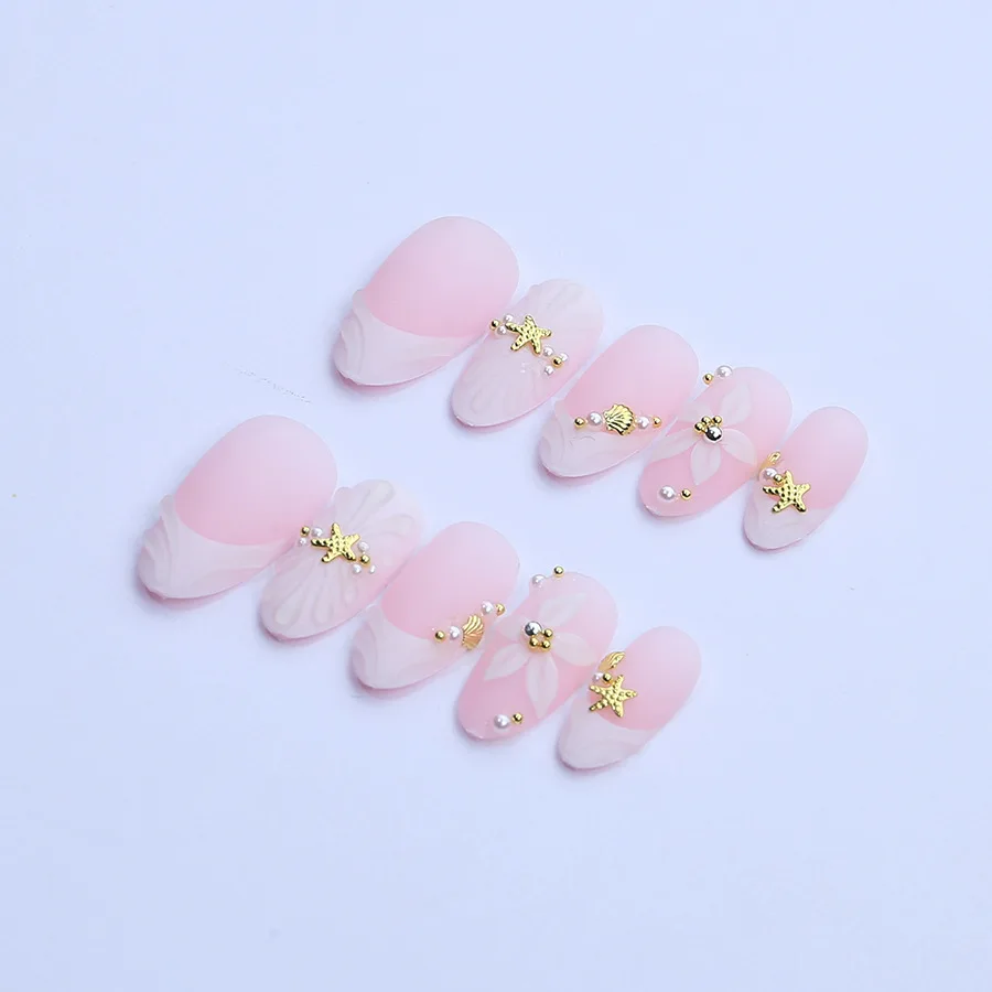 

24PCS Almond Shape Starfish Shell Fake Nails Matte White Ocean with Pearl Press on Nails French Design Sweet Gentle False Nails