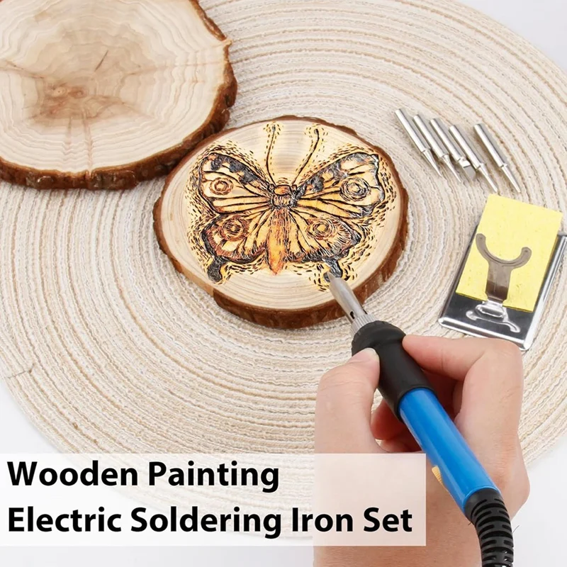 , 6 - Temp Adjustable Iron with 5 Tips & Sponge, for Pyrography Art & DIY Wood Crafts US Plug-A75P
