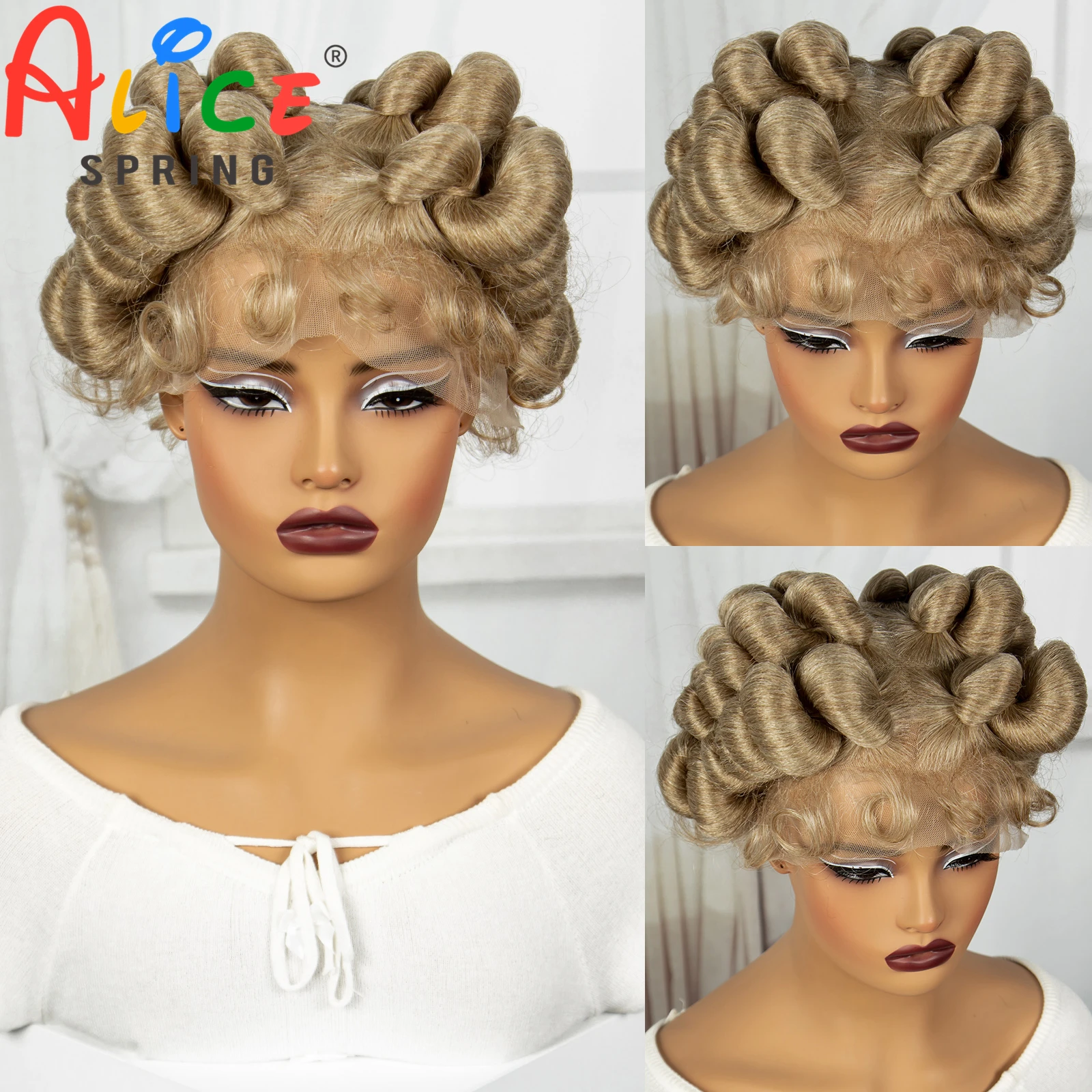 27-613 Blonde Full Lace Handmade Bantu Braided Wigs Short Cute Synthetic Braided Lace Wigs For Black Women Knotless Braids Wigs