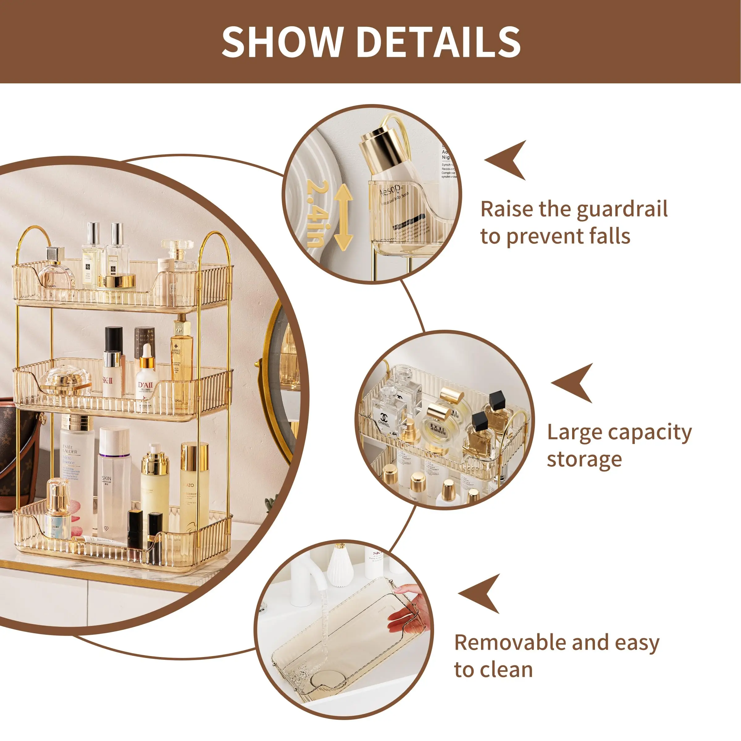 Bathroom Counter Organizer Countertop Storage Holder For Cosmetics Skincare Makeup Shelf Perfume for Dresser Vanity Tray