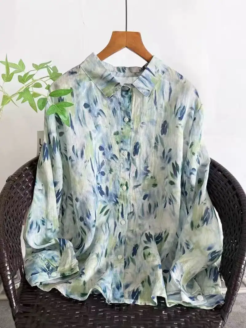 

2026 Bohemian women's clothing original 100% ramie linen blue tie-dye print shirts long sleeve blouses elegant chic woman top