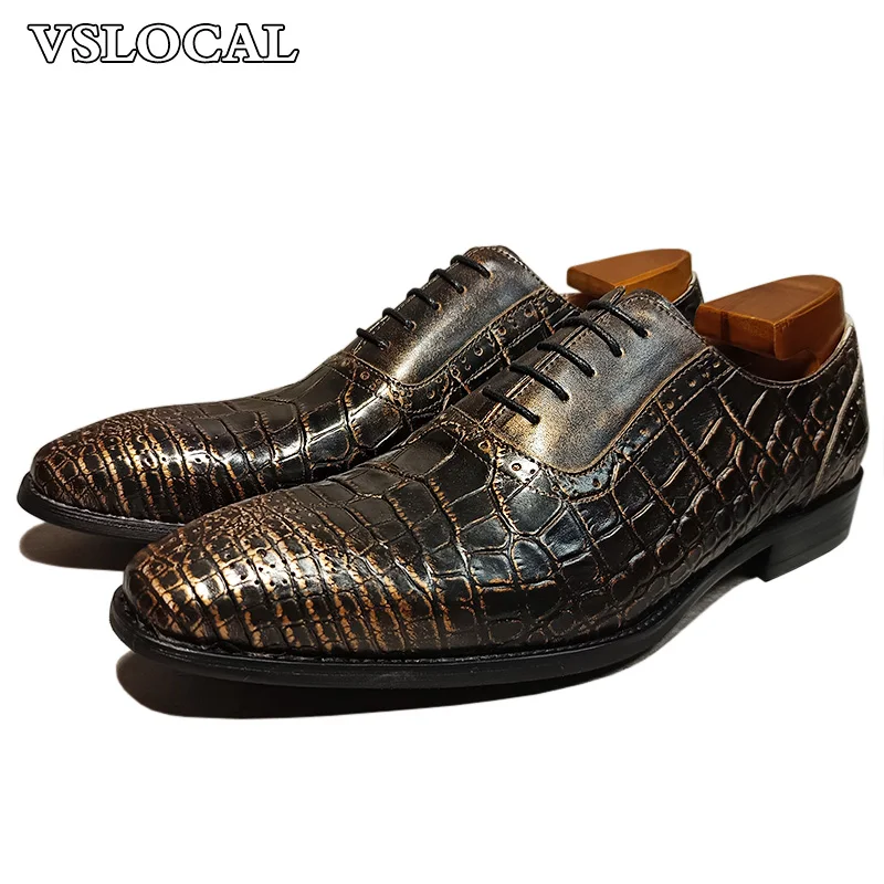 Luxury Brand Men Oxford Shoes Lace-up Crocodile Print Casual Men Classic Dress Shoes Banquet Party Leather Shoes For Men