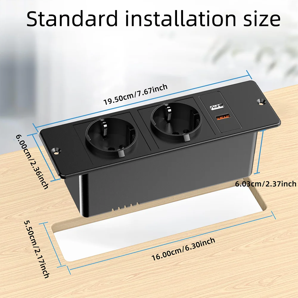 Embedded Power Strip 2 AC Outlets 1 Fast Charge USB‑A 1 Type‑C Port 1.5m Extension Cord for Desk Furniture Installation