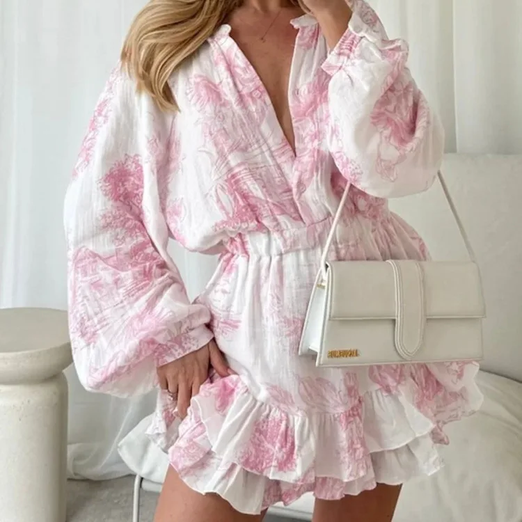 

2025 Autumn New Cotton Wrinkled Cloth Printing Casual Dress Women's Round Neck Long Sleeve Ruffle Edge A-word Skirt Short Skirt