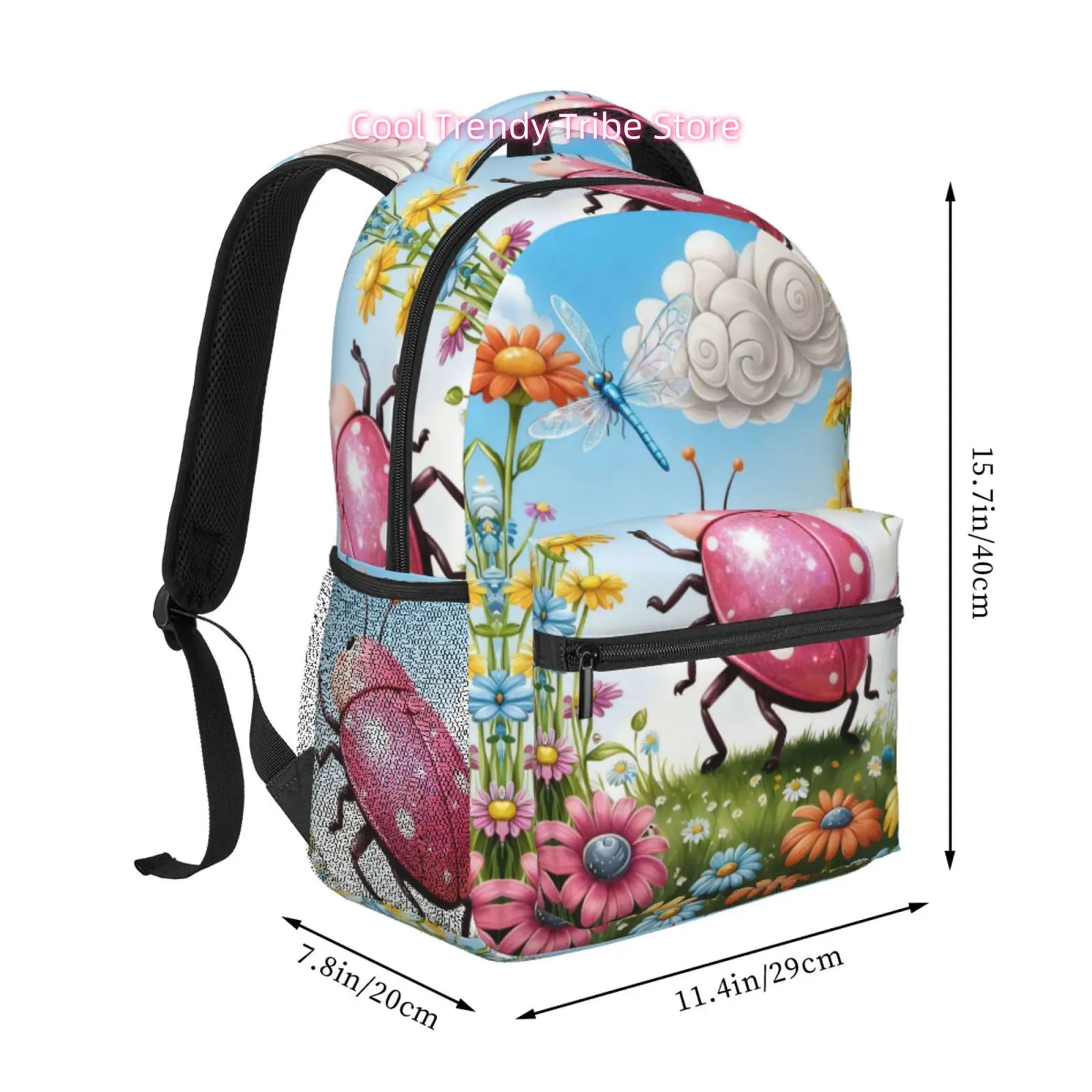 Pink Ladybug And Dragonfly in Flower Garden Print Backpack, Oxford Cloth, Adjustable Shoulder Straps, for Daily Outings, Travel
