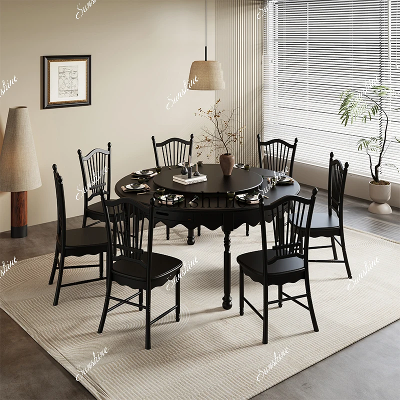 Medieval household round dining table all solid wood French small apartment with turntable eating chair FT