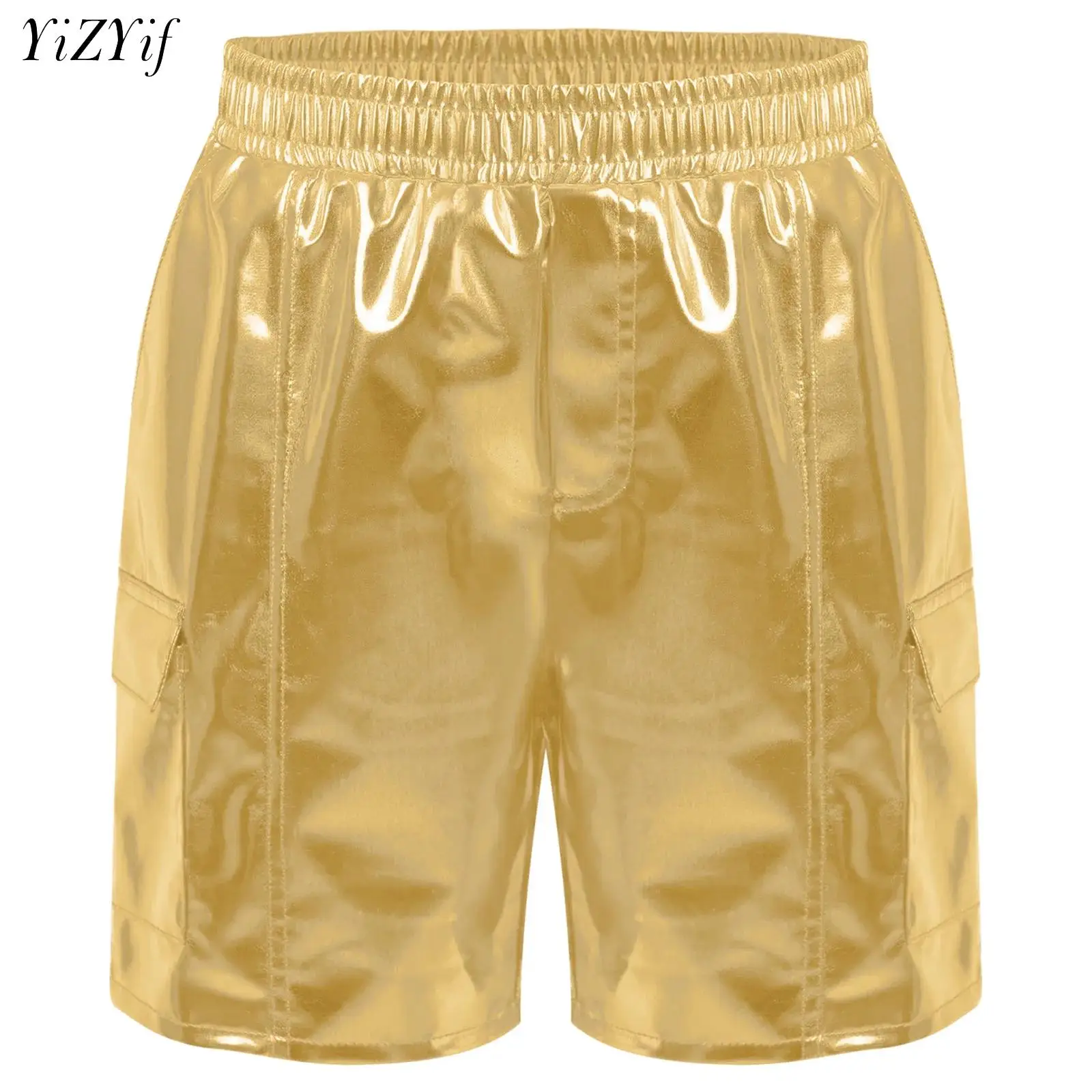 

Kid Jazz Street Dance Costume Boys Girls Cargo Shorts Shiny Metallic Elastic Waistband Bottoms Disco Party Performance Dancewear