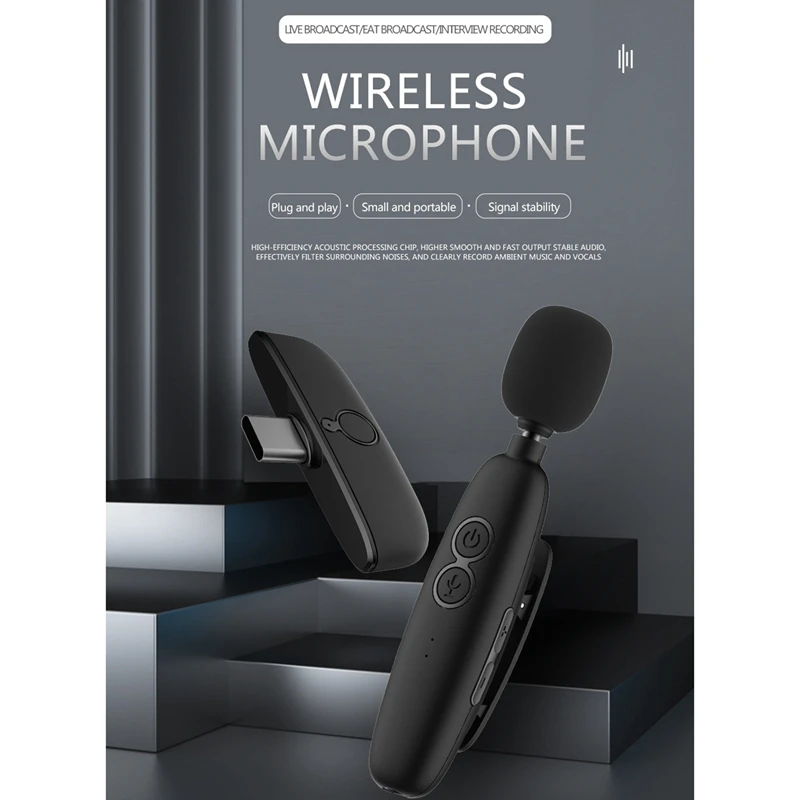 Microfone de lapela sem fio, interface tipo C, YouTube, Facebook, Live Stream, Vlogger, 2,4 GHz