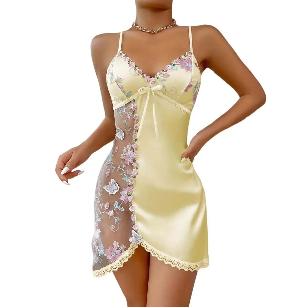 

Thin Lace Bow Women's Pajama Dress Embroidered Flowers Butterfly Ice Silk Suspender Nightdress Mesh Transparent Sleepwear