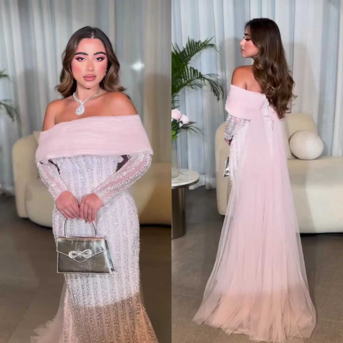 Off Shoulder Sequins Prom Dresses 2023 Fashion Long Sleeves Tulle Train Mermaid Women Luxury Evening Dresses Formal Party Gown