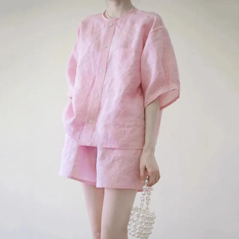 

Simple Pink Cotton and Linen Two Piece Sets Womens Outifits Loose Casual Mid Sleeved Shirt and Wide Leg Shorts Set