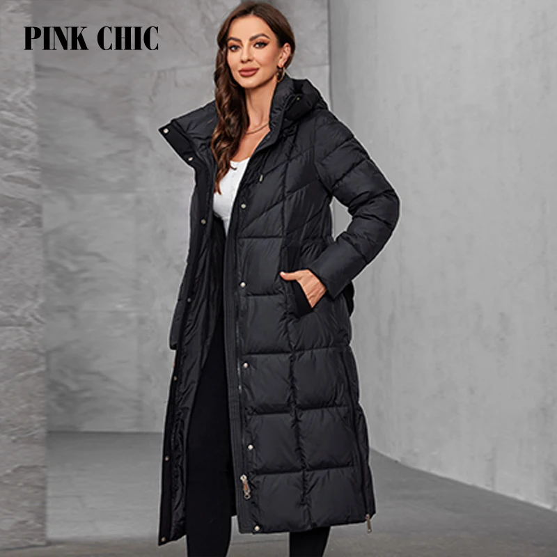 PINK CHIC Thickened Long Women\'s Winter Down Jacket Slim Fashion Quilted Jacket Hooded Snow Jacket W6558