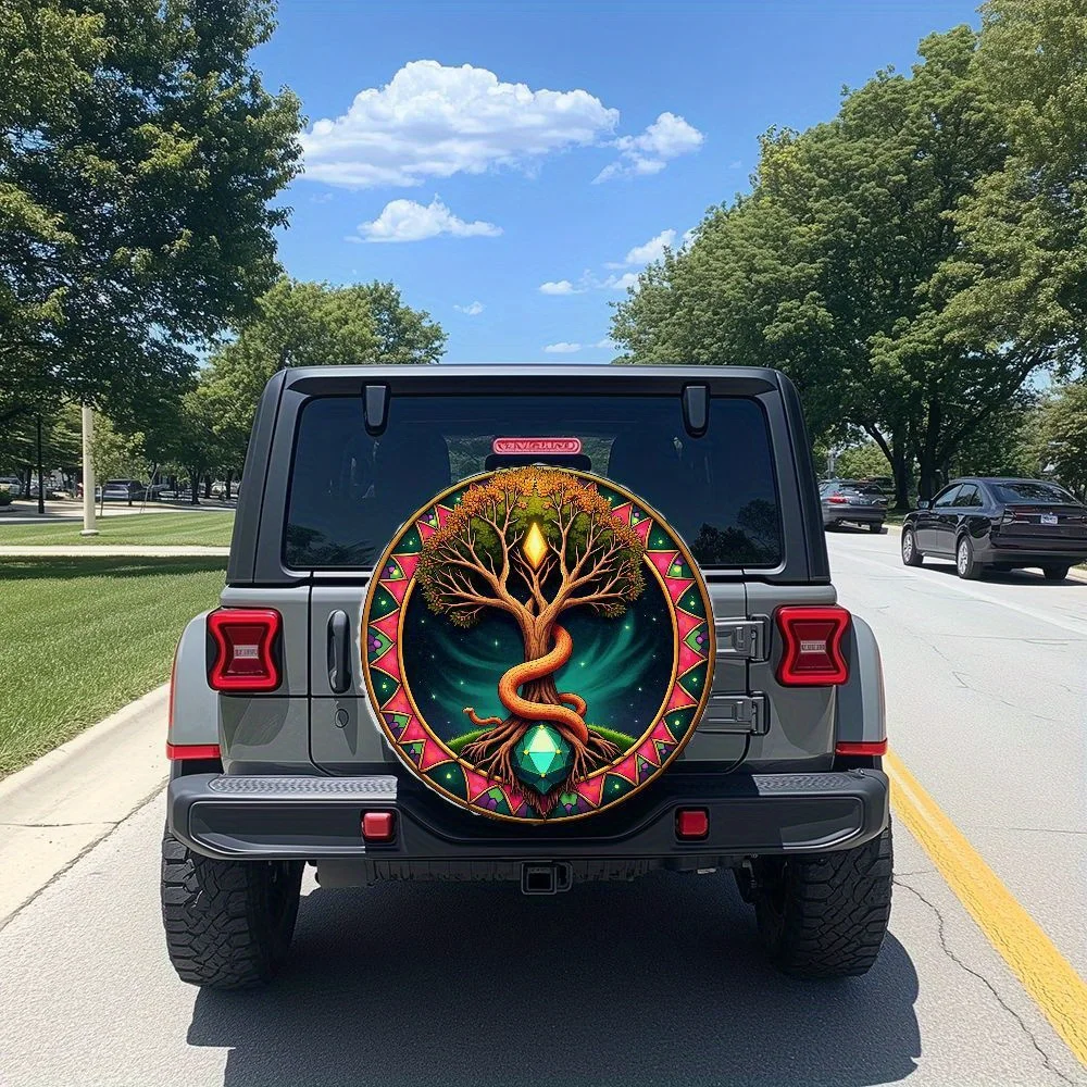 Cosmic Tree Of Life Coiled Snake Totem Spare Tire Cover  Premium Polyester Fiber Car Wheel Hub Cap With Vibrant Mandala Border
