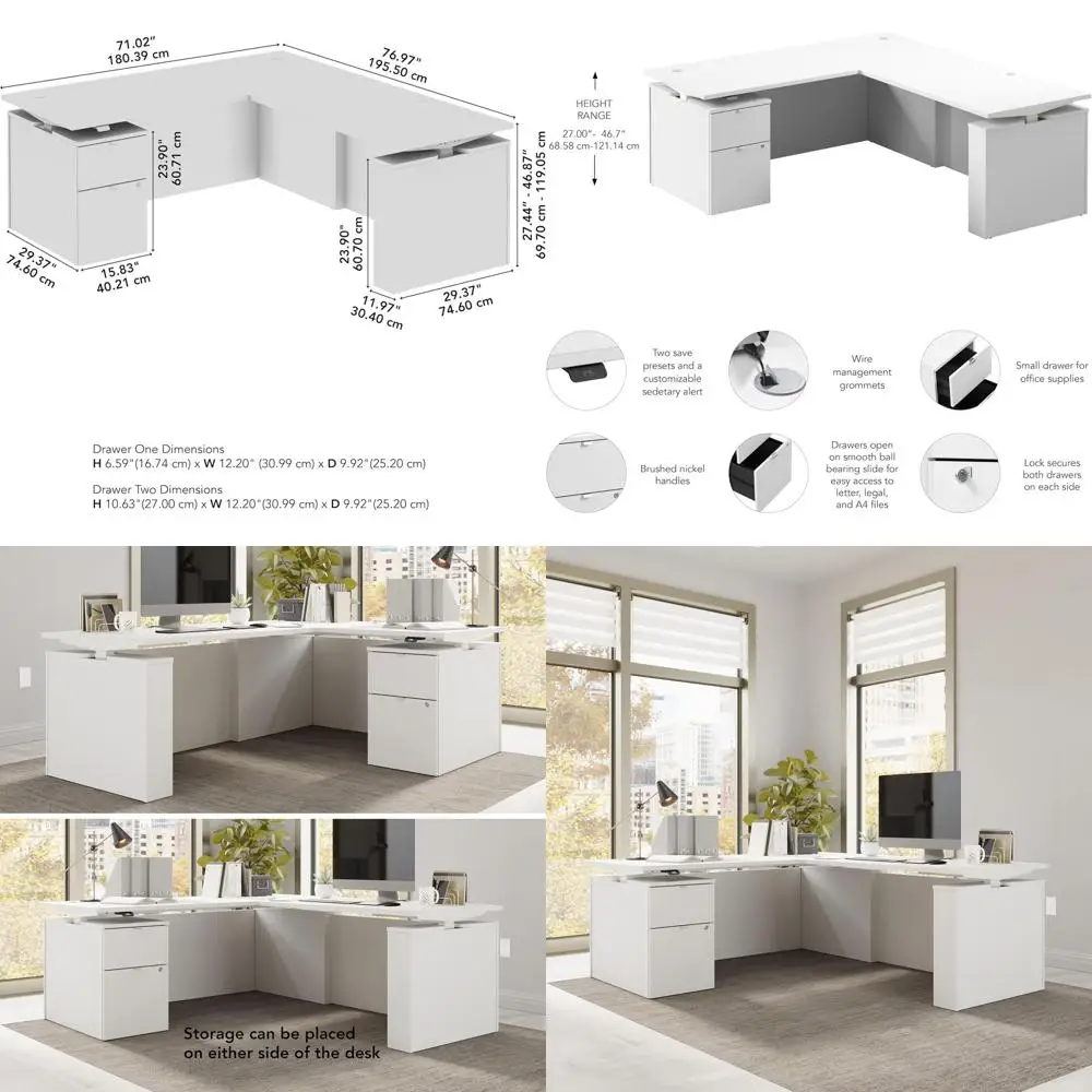 

72-дюймовый L-образный стол с регулируемой высотой и тумбой для хранения, эргономичный компьютерный стол для работы стоя и сидя, белый