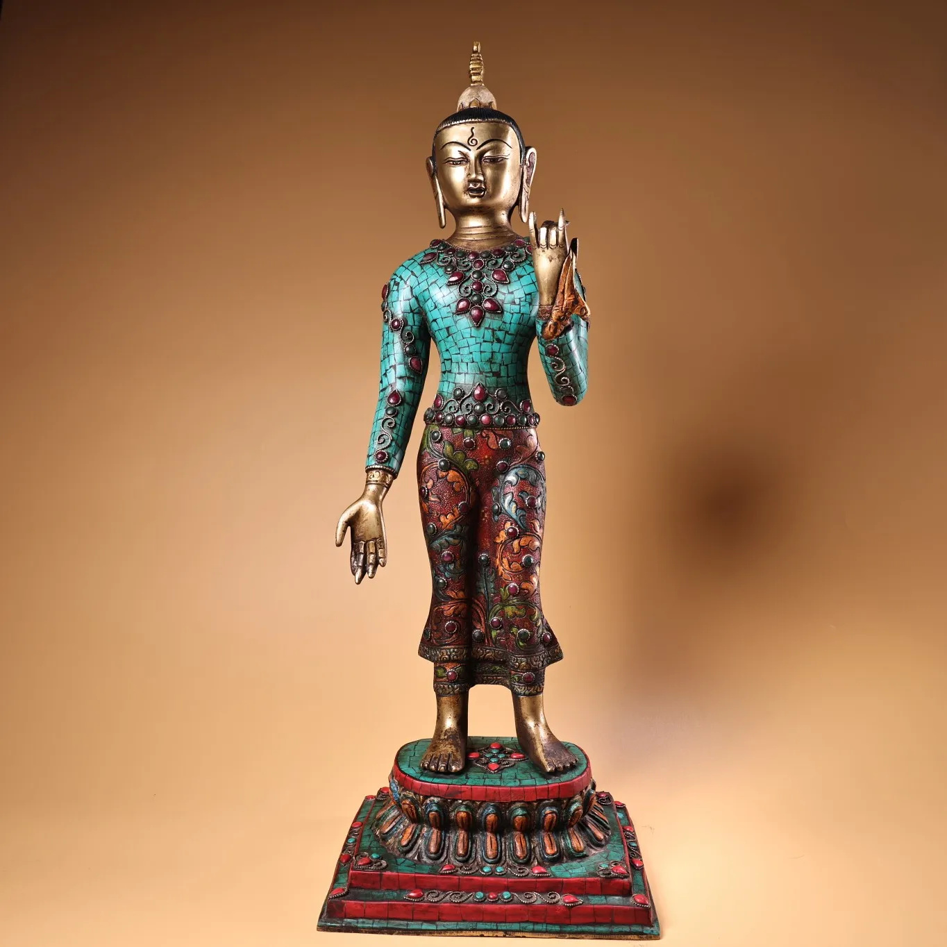 

24"Tibet Temple Collection Old Bronze Painted Outline in gold Mosaic Gem Turquoise Sakyamuni Buddha Platform Worship Hall