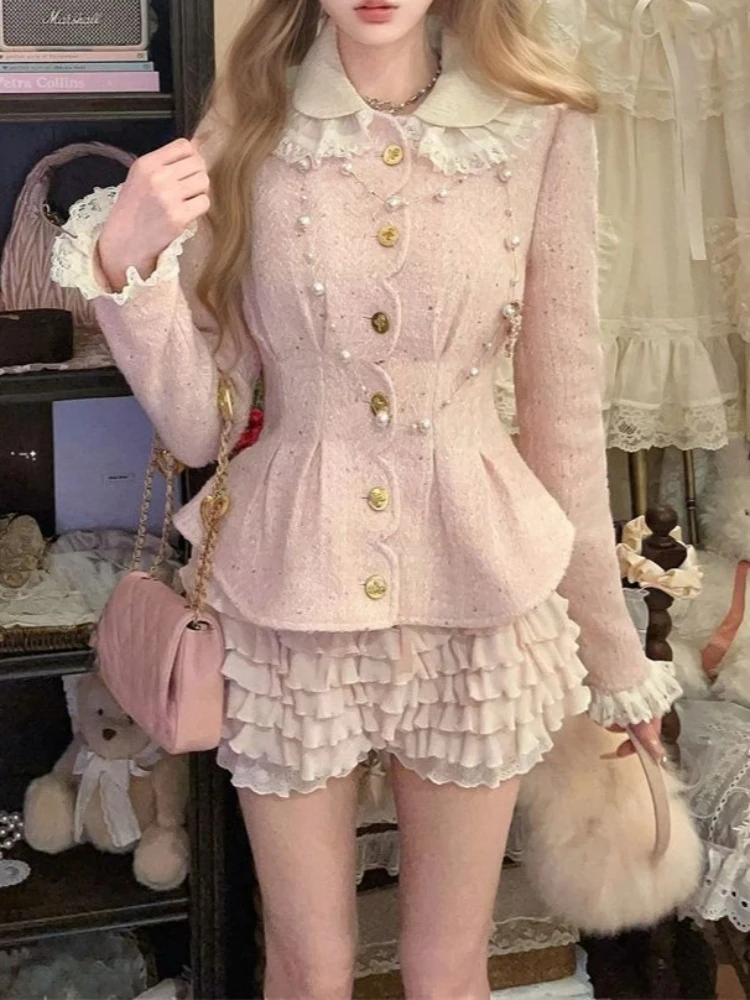 Conjunto francés elegante de 2 piezas de color rosa dulce para mujer, abrigo elegante + falda encantadora, nuevo diseño, moda ajustada, trajes de puro deseo rosa 2025