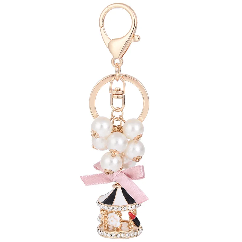 Carousel Imitation Pearls Key Chains Female String Bag Charms Pendant Exquisite Small Gift Vintage Jewelry Wholesale