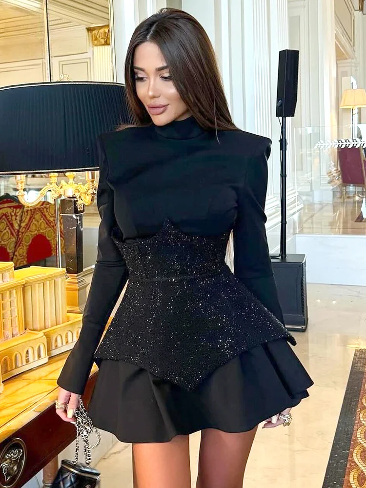 

2024 Summer Sexy Black Patchwork Long Sleeve Mini Dress with Crystal Diamonds & Waist Sparkle, A-Line Evening Party Dress