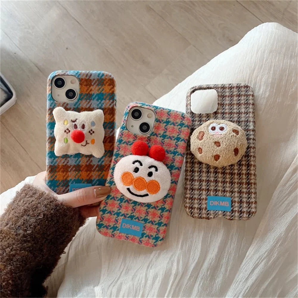 Korea Fashion Ins plush Rhombus 3D Bear Phone Case For iPhone 18 Pro 17 16 15 Pro Max Cover Shockproof Cute Cases 18Promax