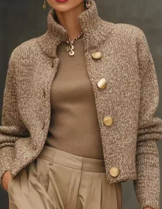 New Fashion Autumn Women's Solid Color Loose Stand Collar Single-breasted Long Sleeve Casual Trendy Knitted Sweater Cardigans 2